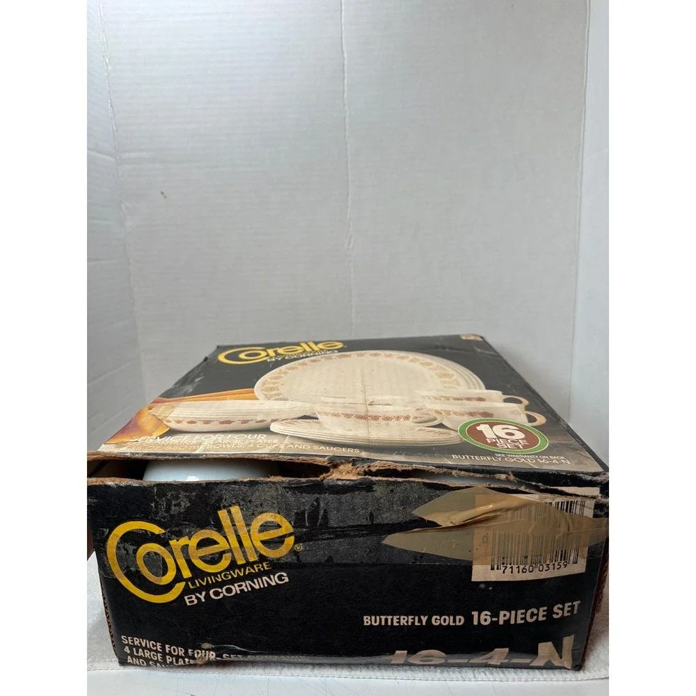 VTG Corelle Butterfly Gold Dinnerware Set 16 Pc Service for 4 White Gold OpenBox